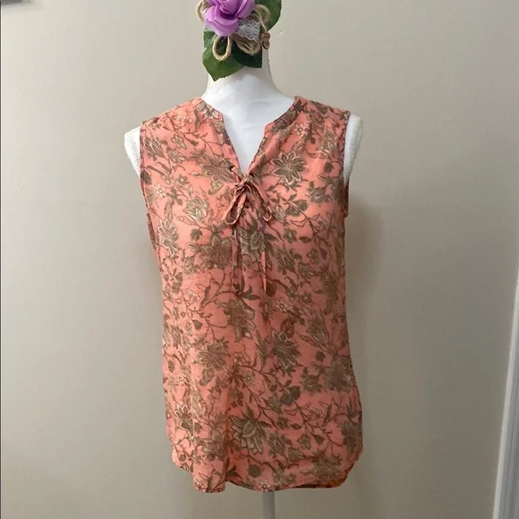 St. John's Bay Orange Floral Patterned Sleeveless Blouse with Tie Front - Picture 1 of 8